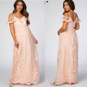 Pinkblush Light Pink Floral Embroidered Mesh Maternity Evening Gown